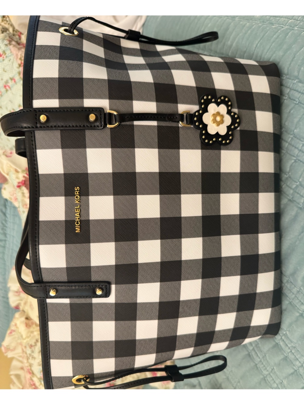 Michael Kors Black & White Gingham Leather-Trim Tote